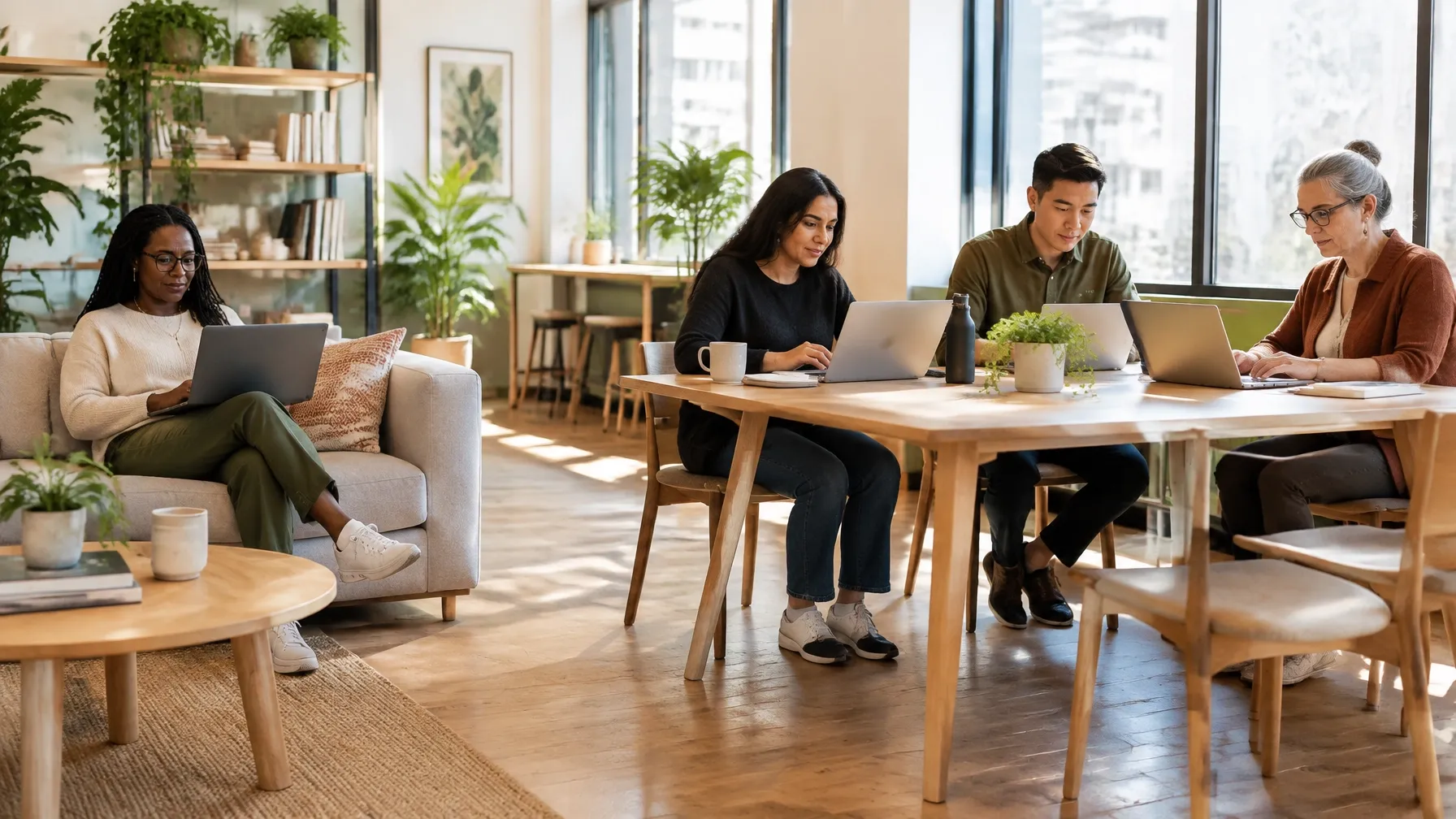 A Black woman and two other women, plus one Asian man, working on laptops in a bright modern coworking space; one woman sits on a sofa while the other three sit together at a shared table