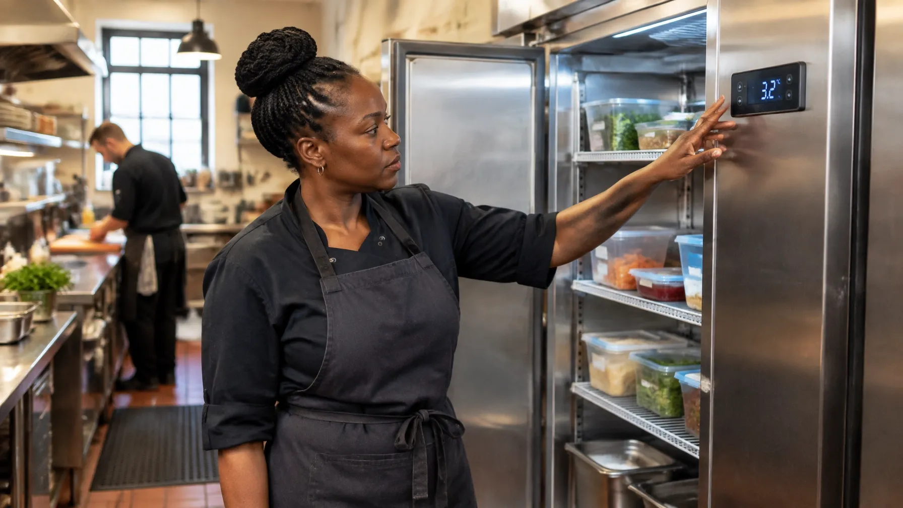 Black restaurant chef checking the temperature display on a commercial fridge in a busy kitchen