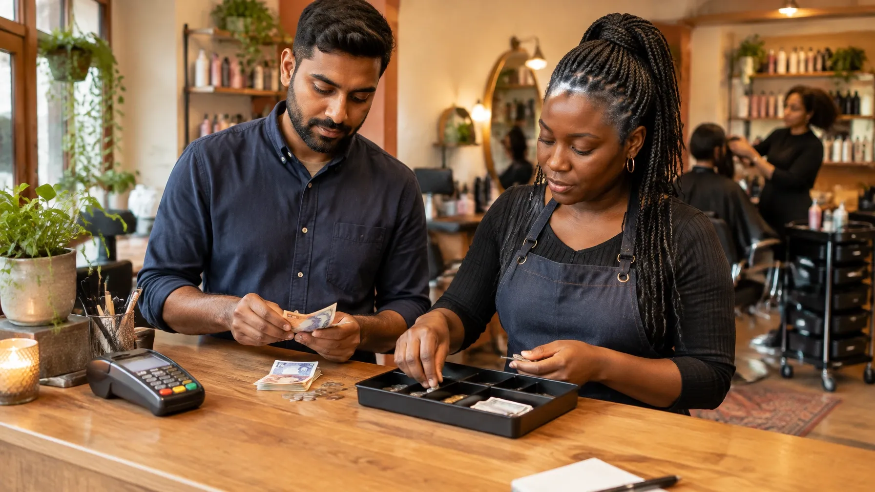 South Asian man and Black woman counting cash and checking takings together at a salon counter