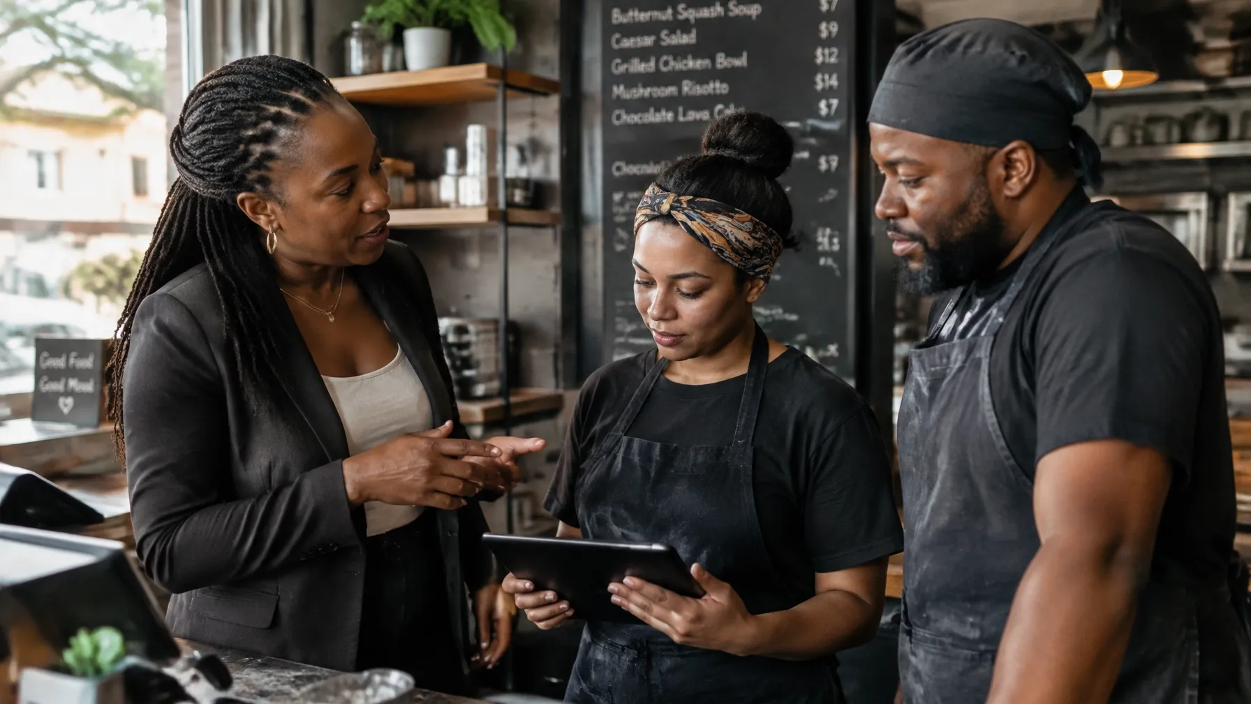 A trainer with restaurant staff at a counter looking at a tablet